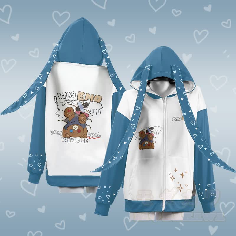 MODAKAWA I WAS EMO Upside Down Bear Graphic Zipper Long Bunny Ears Hoodie - image 1
