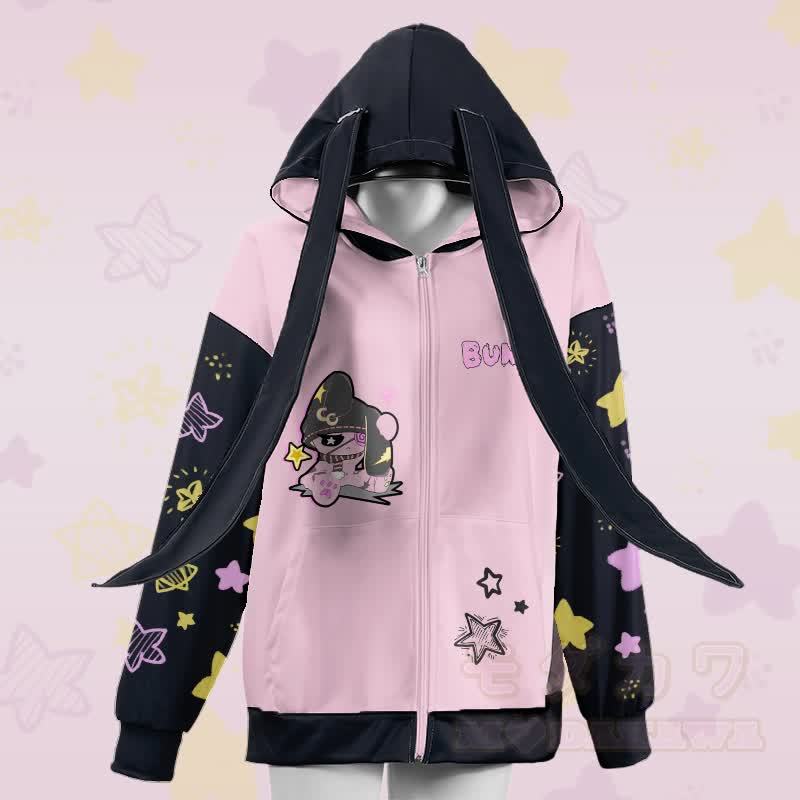 MODAKAWA Kapuzenpullover mit Hasenmotiv und Reißverschluss, langen Hasenohren und Unhappy Bunny Grafik - Rosa - 4XL - image 2