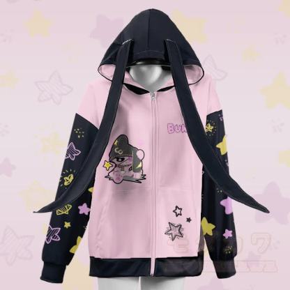 MODAKAWA Kapuzenpullover mit Hasenmotiv und Reißverschluss, langen Hasenohren und Unhappy Bunny Grafik - Rosa - 4XL - image 2