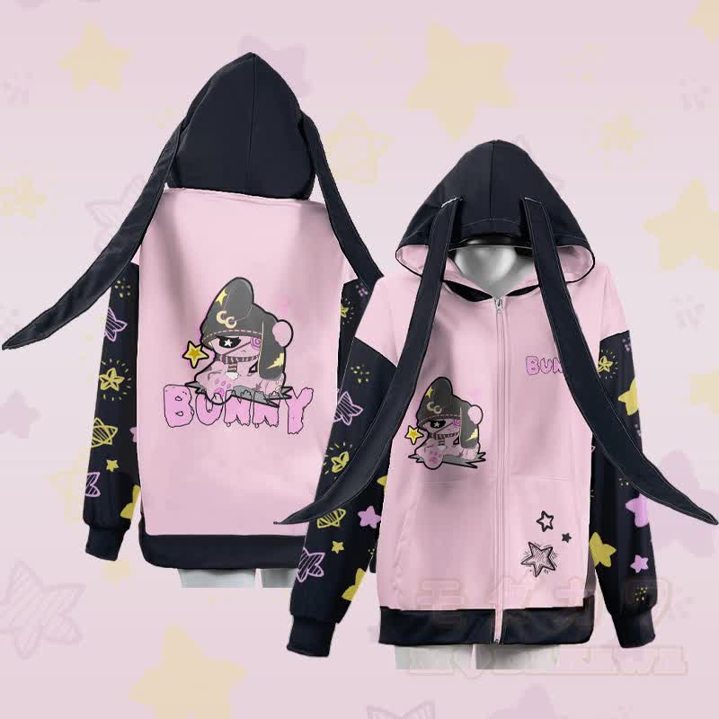MODAKAWA Kapuzenpullover mit Hasenmotiv und Reißverschluss, langen Hasenohren und Unhappy Bunny Grafik - image 1