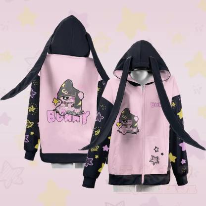 MODAKAWA Kapuzenpullover mit Hasenmotiv und Reißverschluss, langen Hasenohren und Unhappy Bunny Grafik - image 1