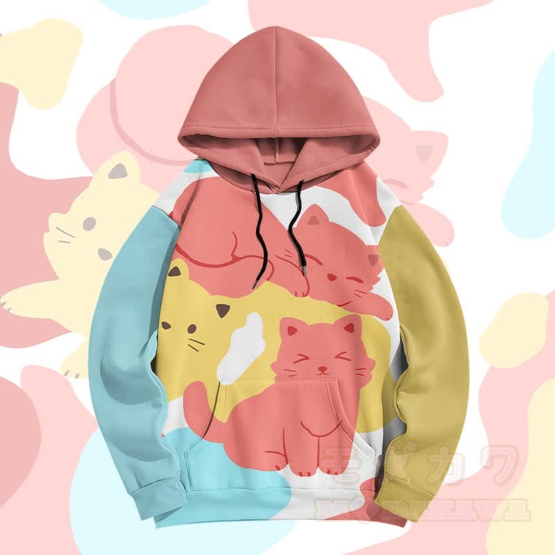 MODAKAWA Farben Block Kitty Graphic All Over Print Pullover Hoodie - Rot - 5XL - image 1