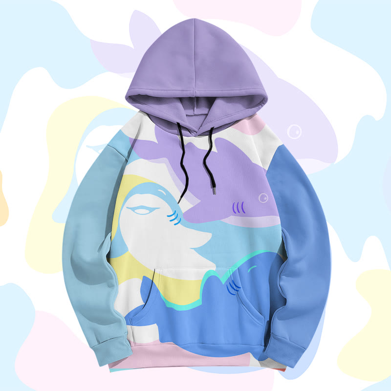 MODAKAWA Farben Block Pullover Hoodie mit Allover-Print eines schwimmenden Hais - Purple - 8XL - image 1