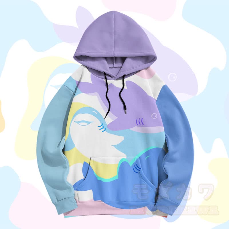 MODAKAWA Farben Block Pullover Hoodie mit Allover-Print eines schwimmenden Hais - Lila - 5XL - image 1