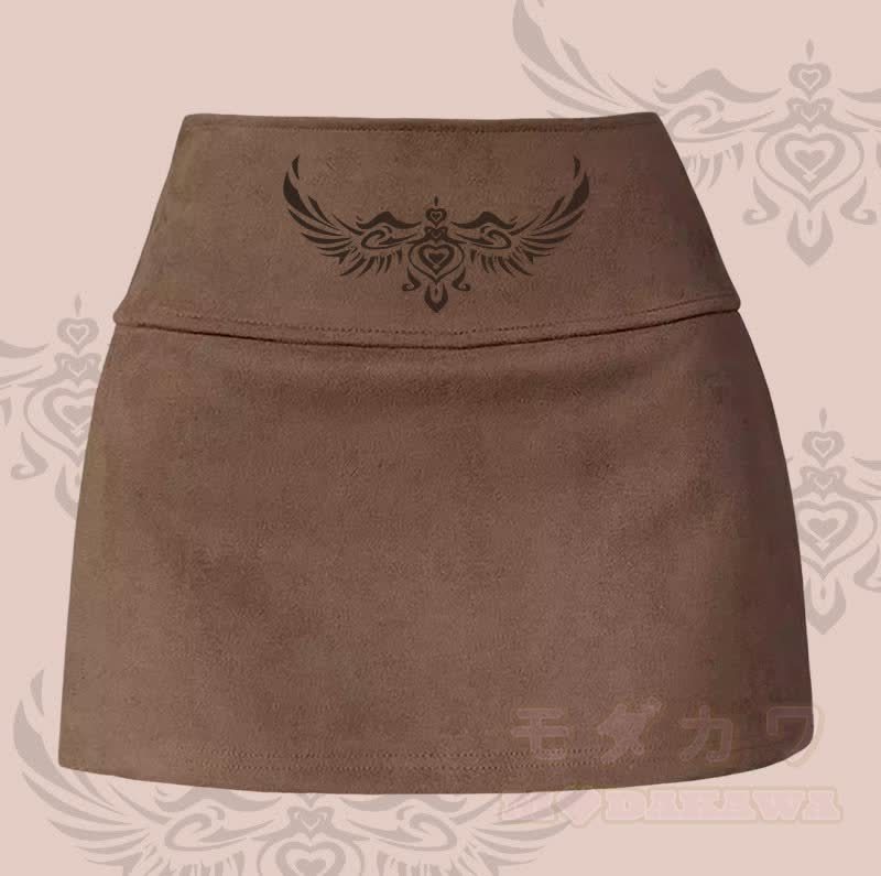 MODAKAWA Minirock mit Flügel-Herz-Totem-Grafik und Schlitz - Braun - XL - image 2
