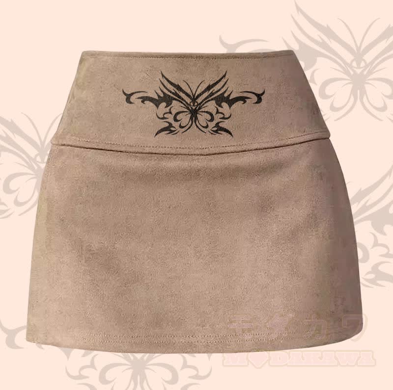 MODAKAWA Minirock mit Schmetterlings-Totem-Grafik und Schlitz - Khaki - XL - image 2
