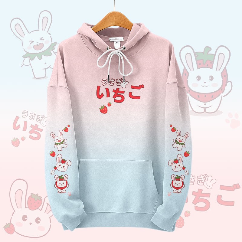 MODAKAWA Pullover-Hoodie mit Farbverlauf und Erdbeerhasen-Grafikprint - Pink&Blue - 8XL - image 1