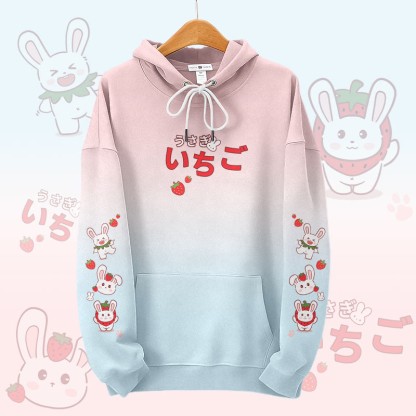 MODAKAWA Pullover-Hoodie mit Farbverlauf und Erdbeerhasen-Grafikprint - Pink&Blue - 8XL - image 1