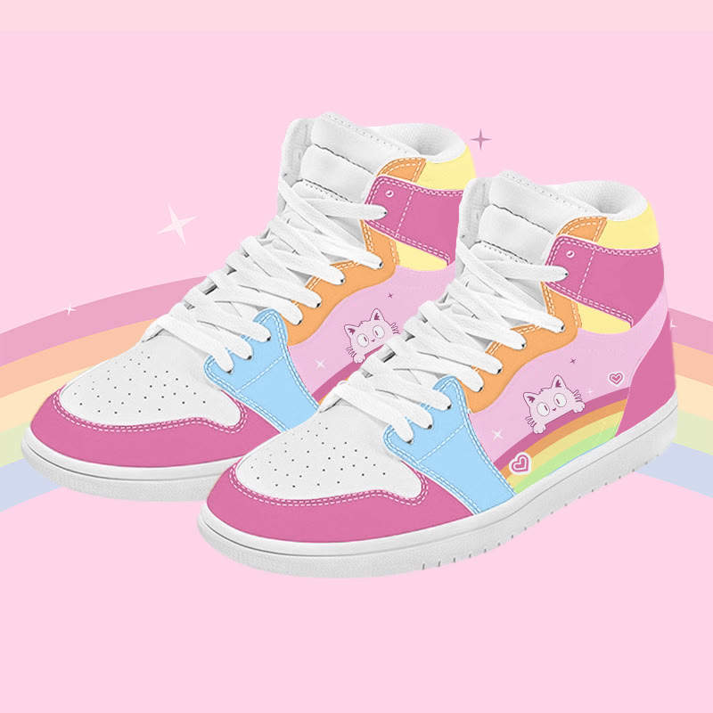 MODAKAWA Rainbow Cat Graphic Farben Block High Top Canvas Schuhe - Pink A - 48 - image 1