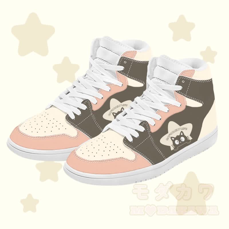 MODAKAWA Star Cat Graphic Farben Block High Top Canvas Schuhe - Braun A - 48 - image 1