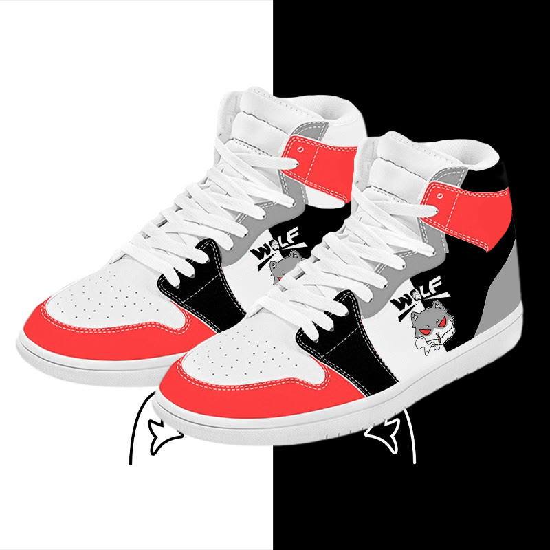 MODAKAWA Smoking Wolf Graphic Farben Block High Top Canvas Schuhe - Black&Red - 48 - image 2