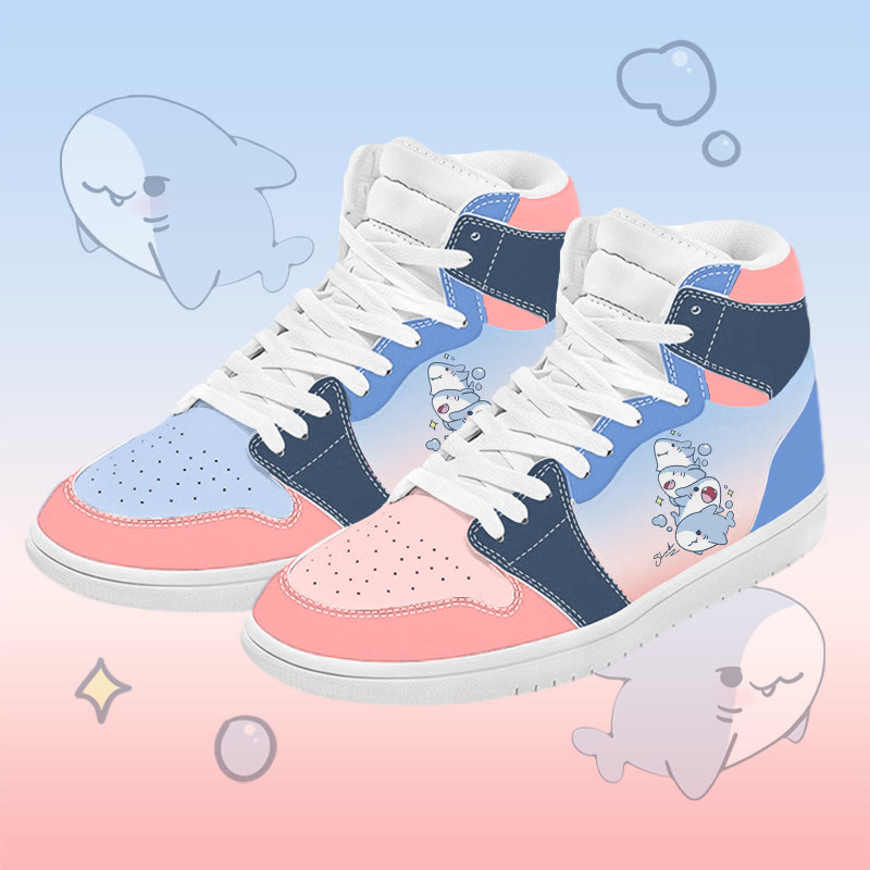 MODAKAWA Gradient Playful Shark Graphic Farben Block High Top Canvas Schuhe - Blue - 48 - image 1