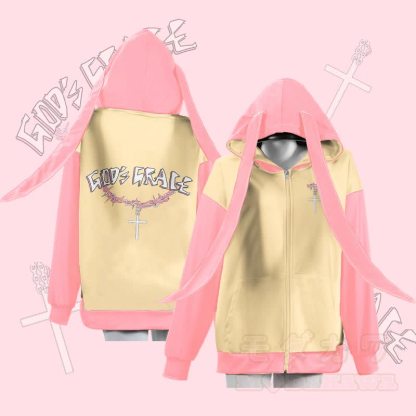 MODAKAWA GOD'S GRACE Hoodie mit Grafikprint, Reißverschluss und langen Hasenohren - Gelb - 4XL - image 2