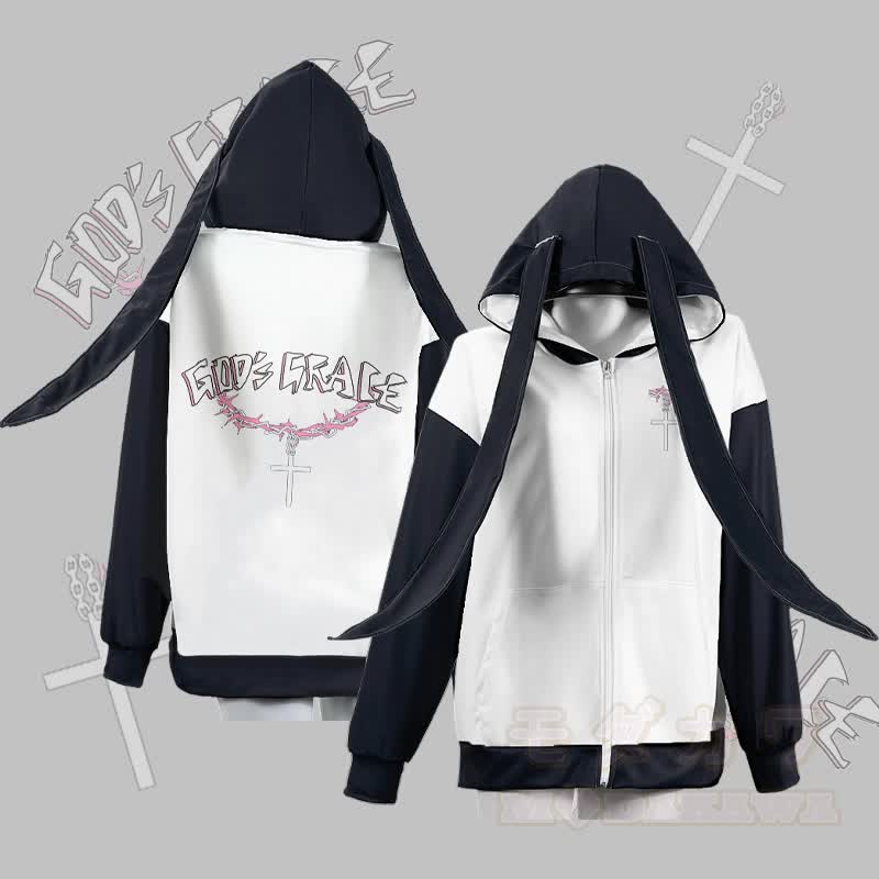 MODAKAWA GOD'S GRACE Hoodie mit Grafikprint, Reißverschluss und langen Hasenohren - Weiß - 4XL - image 1