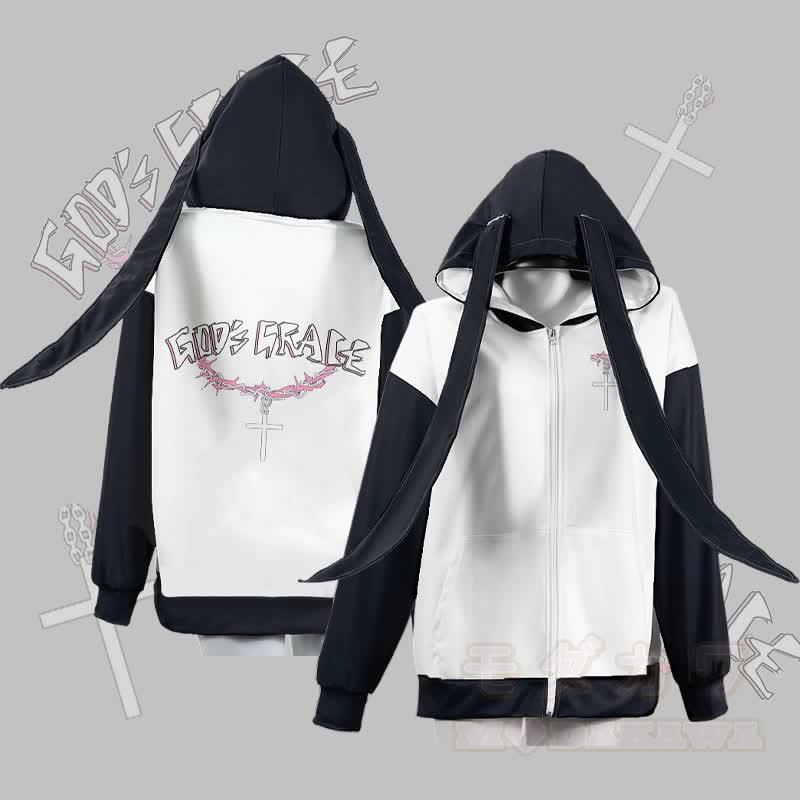 MODAKAWA GOD'S GRACE Hoodie mit Grafikprint, Reißverschluss und langen Hasenohren - Weiß - 4XL - image 1