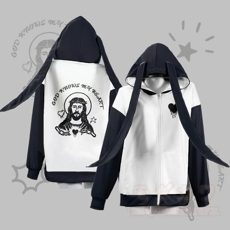 MODAKAWA GOD KNOWS MY HEART Hoodie mit Grafik, Reißverschluss und langen Hasenohren - Weiß - 4XL - image 2