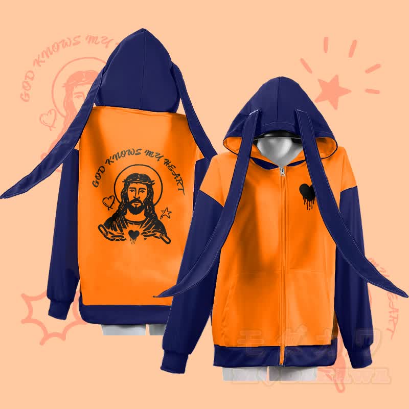 MODAKAWA GOD KNOWS MY HEART Hoodie mit Grafik, Reißverschluss und langen Hasenohren - Orange - 4XL - image 3