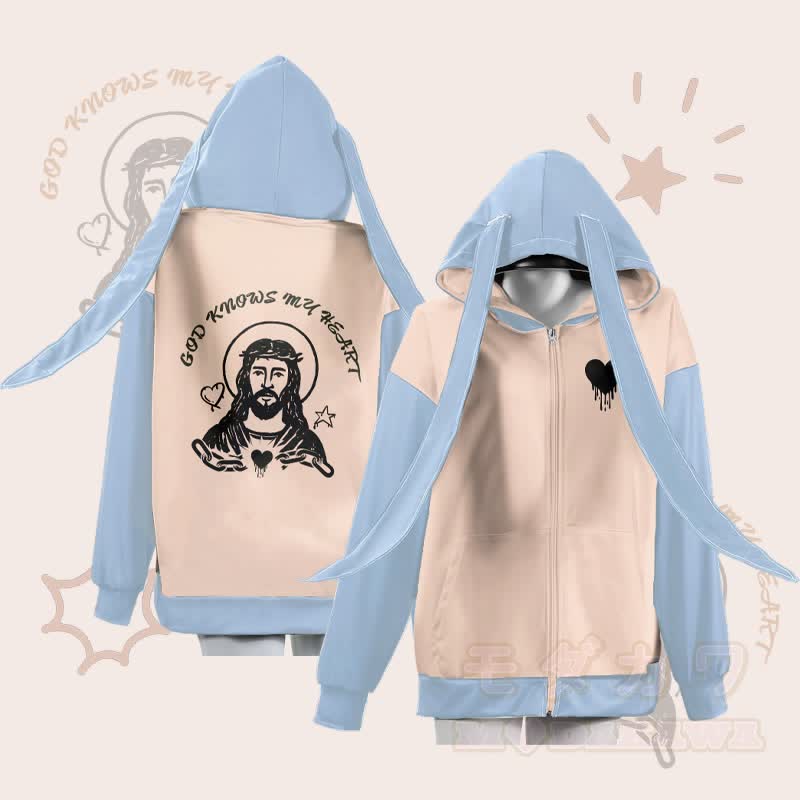 MODAKAWA GOD KNOWS MY HEART Hoodie mit Grafik, Reißverschluss und langen Hasenohren - Aprikose - 4XL - image 1