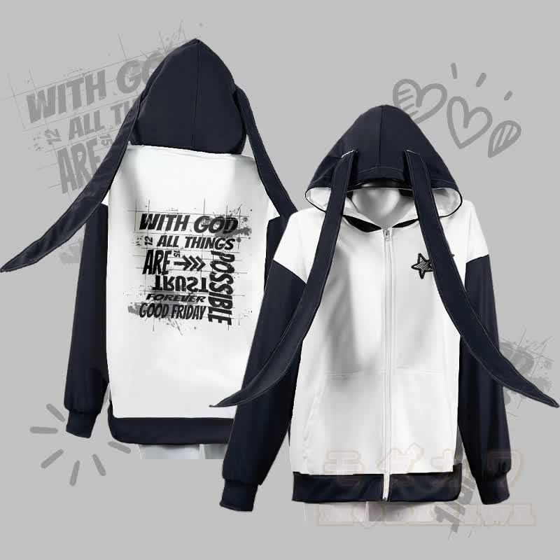 MODAKAWA MIT GOTT IST ALLES MÖGLICH Hoodie mit Grafik, Reißverschluss und langen Hasenohren - Weiß - 4XL - image 2