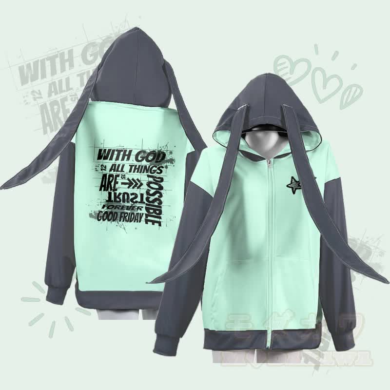 MODAKAWA MIT GOTT IST ALLES MÖGLICH Hoodie mit Grafik, Reißverschluss und langen Hasenohren - Grün - 4XL - image 1