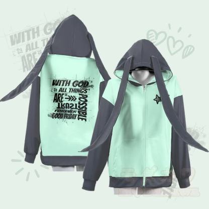 MODAKAWA MIT GOTT IST ALLES MÖGLICH Hoodie mit Grafik, Reißverschluss und langen Hasenohren - Grün - 4XL - image 1
