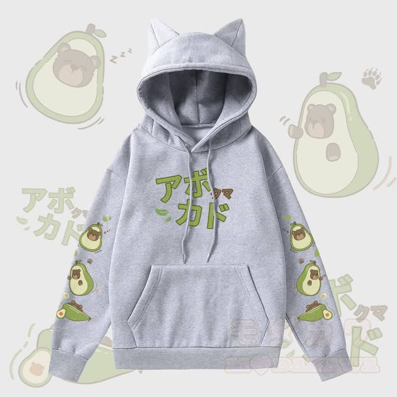 MODAKAWA Kapuzenpullover mit Avocado-Bär-Grafik, Taschenfutter und Fleece-Einsatz sowie Katzenohren  - Grau - 2XL - image 2