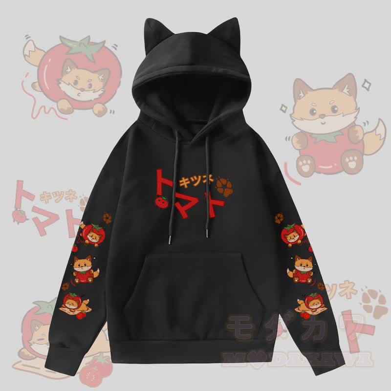 MODAKAWA Kapuzenpullover mit Katzenohren und Fleece-Futter, Tomatenfuchs-Grafik, Tasche  - Schwarz - 2XL - image 3