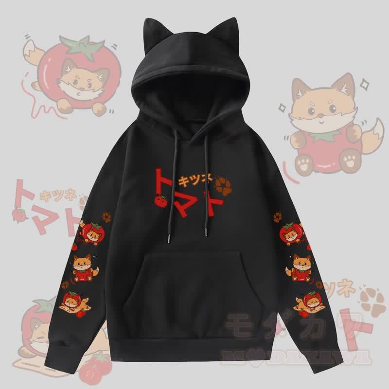 MODAKAWA Kapuzenpullover mit Katzenohren und Fleece-Futter, Tomatenfuchs-Grafik, Tasche  - Schwarz - 2XL - image 3