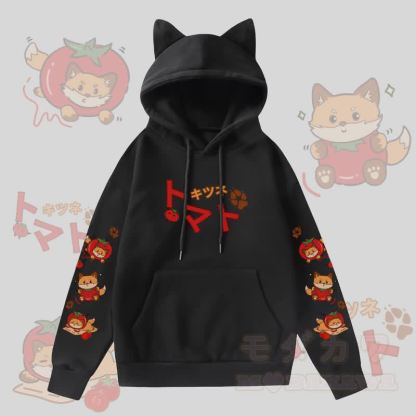 MODAKAWA Kapuzenpullover mit Katzenohren und Fleece-Futter, Tomatenfuchs-Grafik, Tasche  - Schwarz - 2XL - image 3