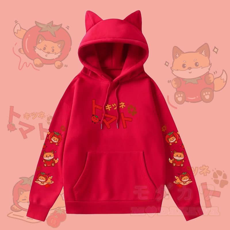 MODAKAWA Kapuzenpullover mit Katzenohren und Fleece-Futter, Tomatenfuchs-Grafik, Tasche  - Rot - 2XL - image 2