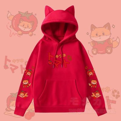 MODAKAWA Kapuzenpullover mit Katzenohren und Fleece-Futter, Tomatenfuchs-Grafik, Tasche  - Rot - 2XL - image 2