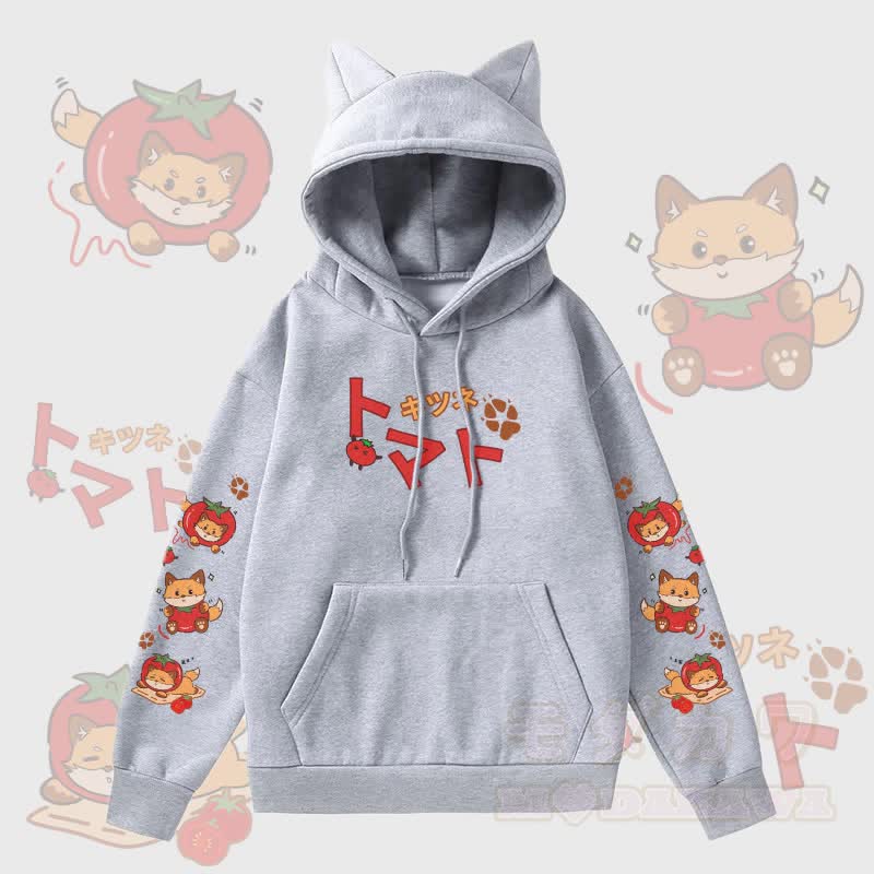 MODAKAWA Kapuzenpullover mit Katzenohren und Fleece-Futter, Tomatenfuchs-Grafik, Tasche  - Grau - 2XL - image 1