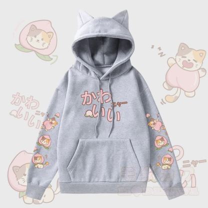 MODAKAWA Kapuzenpullover mit Katzenmotiv und Fleece-Futter, gefüttert mit Katzenohren  - Grau - 2XL - image 2