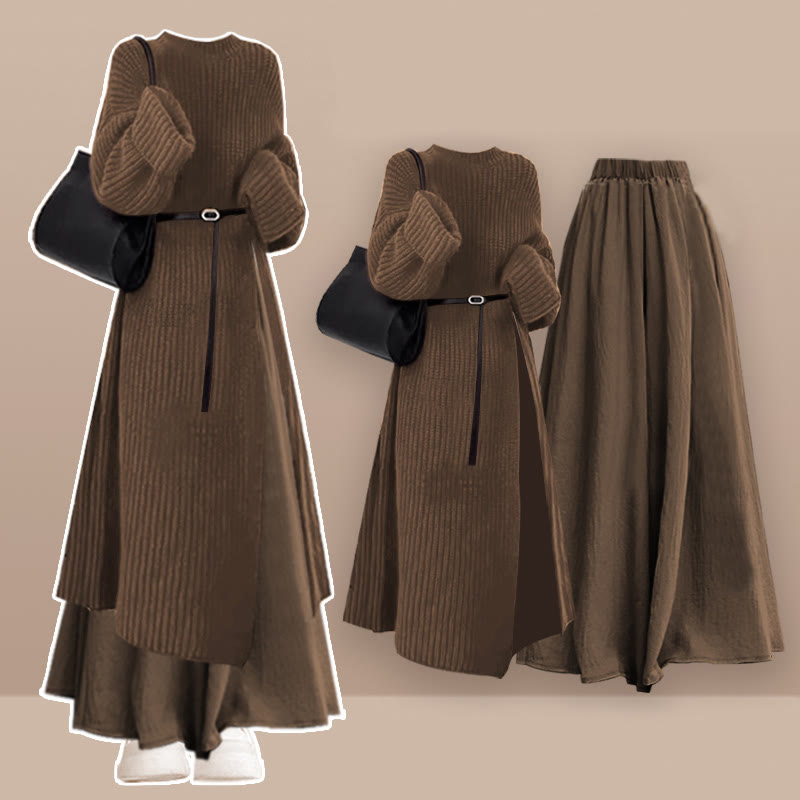 Gürtel, Strickpulloverkleid, weit geschnittene Hose, passender Rock - Set - XL - image 1