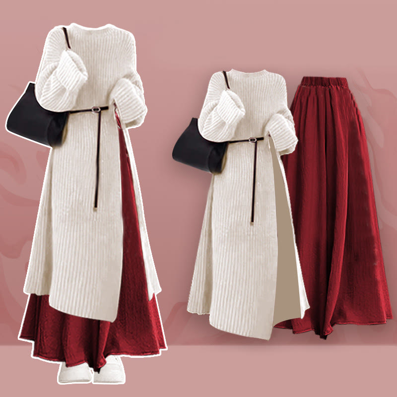 Gürtel, Strickpulloverkleid, weit geschnittene Hose, passender Rock - Set - XL - image 1