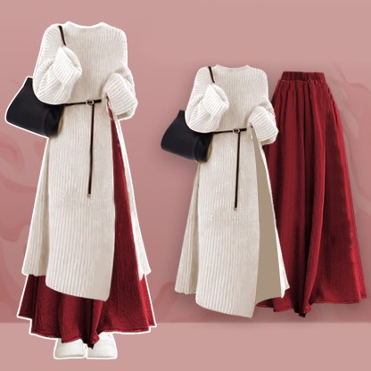 Gürtel, Strickpulloverkleid, weit geschnittene Hose, passender Rock - Set - XL - image 1