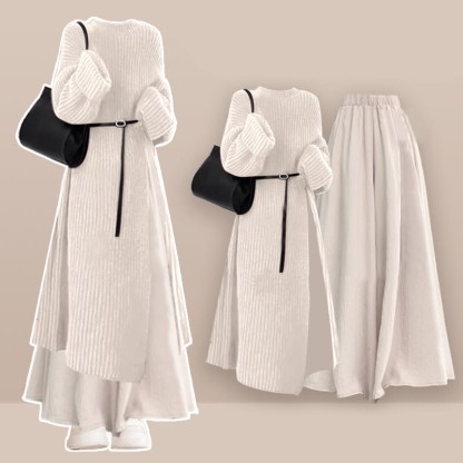 Gürtel, Strickpulloverkleid, weit geschnittene Hose, passender Rock - Set - XL - image 1