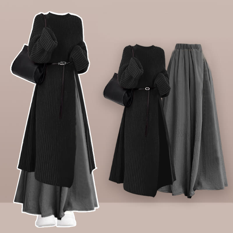 Gürtel, Strickpulloverkleid, weit geschnittene Hose, passender Rock - Set - XL - image 1