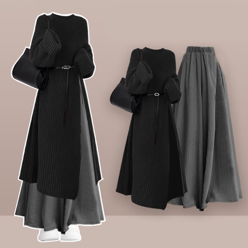 Gürtel, Strickpulloverkleid, weit geschnittene Hose, passender Rock - Set - XL - image 1
