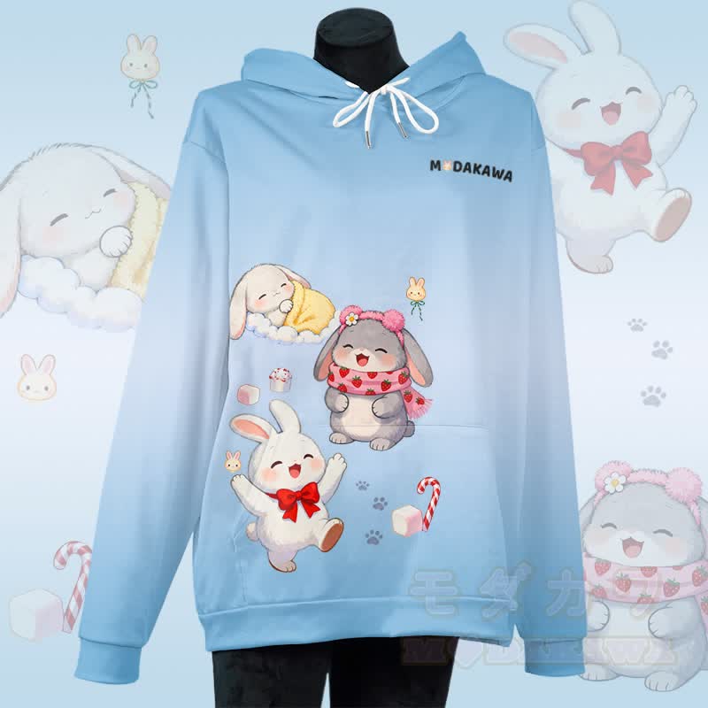 MODAKAWA Pullover-Hoodie mit Farbverlauf und Allover-Print „Sweet Bunny“ - Blau - 5XL - image 1
