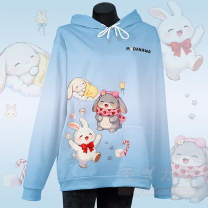 MODAKAWA Pullover-Hoodie mit Farbverlauf und Allover-Print „Sweet Bunny“ - Blau - 5XL - image 1