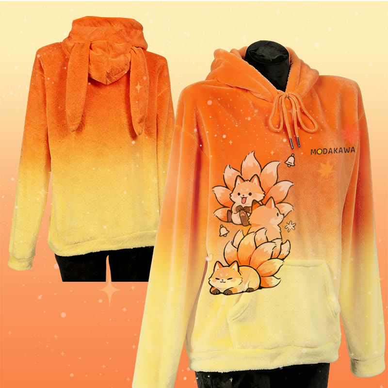 MODAKAWA Gradient Nine-tailed Fox Graphic Plush Hoodie with Bunny Ears - image 1