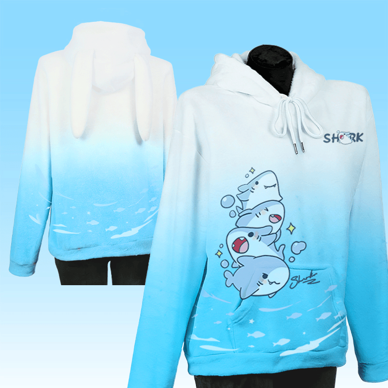 MODAKAWA Plüsch-Hoodie mit lustigem Hai-Motiv und Hasenohren - image 1