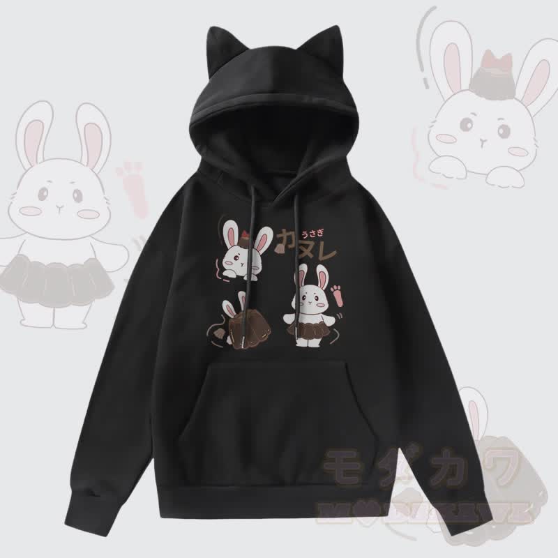 MODAKAWA Kapuzenpullover mit Pudding-Hasen-Grafik, Taschenfutter und Fleece-Einsatz sowie Katzenohren  - Schwarz - 2XL - image 4