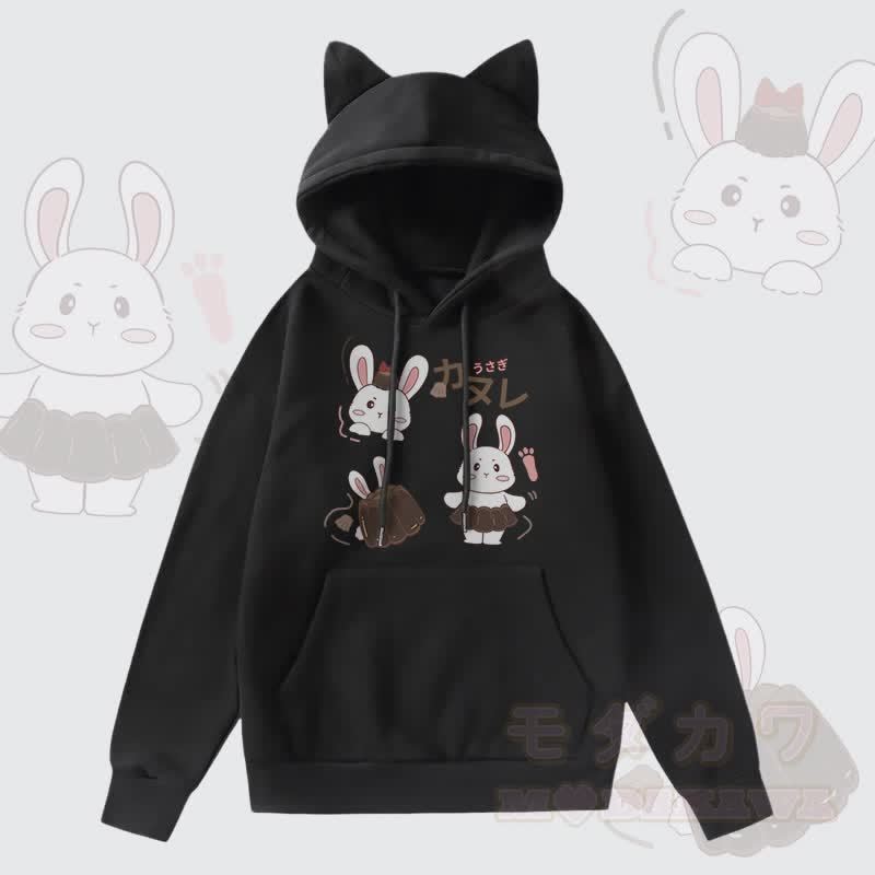 MODAKAWA Kapuzenpullover mit Pudding-Hasen-Grafik, Taschenfutter und Fleece-Einsatz sowie Katzenohren  - Schwarz - 2XL - image 4