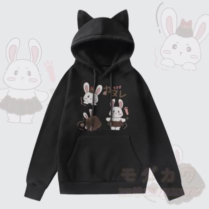 MODAKAWA Kapuzenpullover mit Pudding-Hasen-Grafik, Taschenfutter und Fleece-Einsatz sowie Katzenohren  - Schwarz - 2XL - image 4