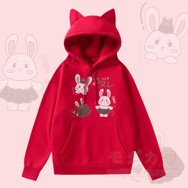 MODAKAWA Kapuzenpullover mit Pudding-Hasen-Grafik, Taschenfutter und Fleece-Einsatz sowie Katzenohren  - Rot - 2XL - image 2