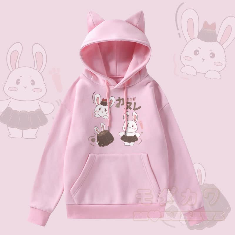 MODAKAWA Kapuzenpullover mit Pudding-Hasen-Grafik, Taschenfutter und Fleece-Einsatz sowie Katzenohren  - Rosa - 2XL - image 1