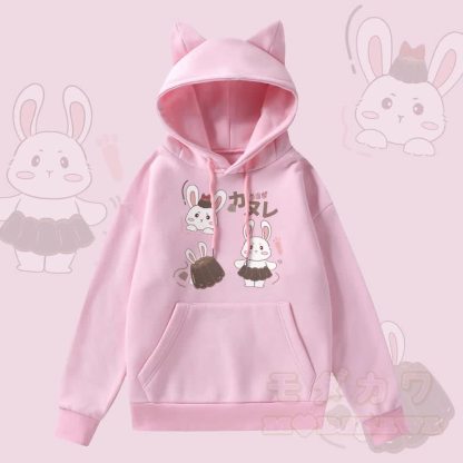 MODAKAWA Kapuzenpullover mit Pudding-Hasen-Grafik, Taschenfutter und Fleece-Einsatz sowie Katzenohren  - Rosa - 2XL - image 1