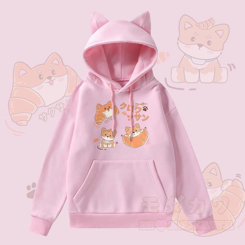MODAKAWA Kapuzenpullover mit Croissant-Welpen-Motiv, Fleece-Futter und Katzenohren  - Rosa - 2XL - image 3